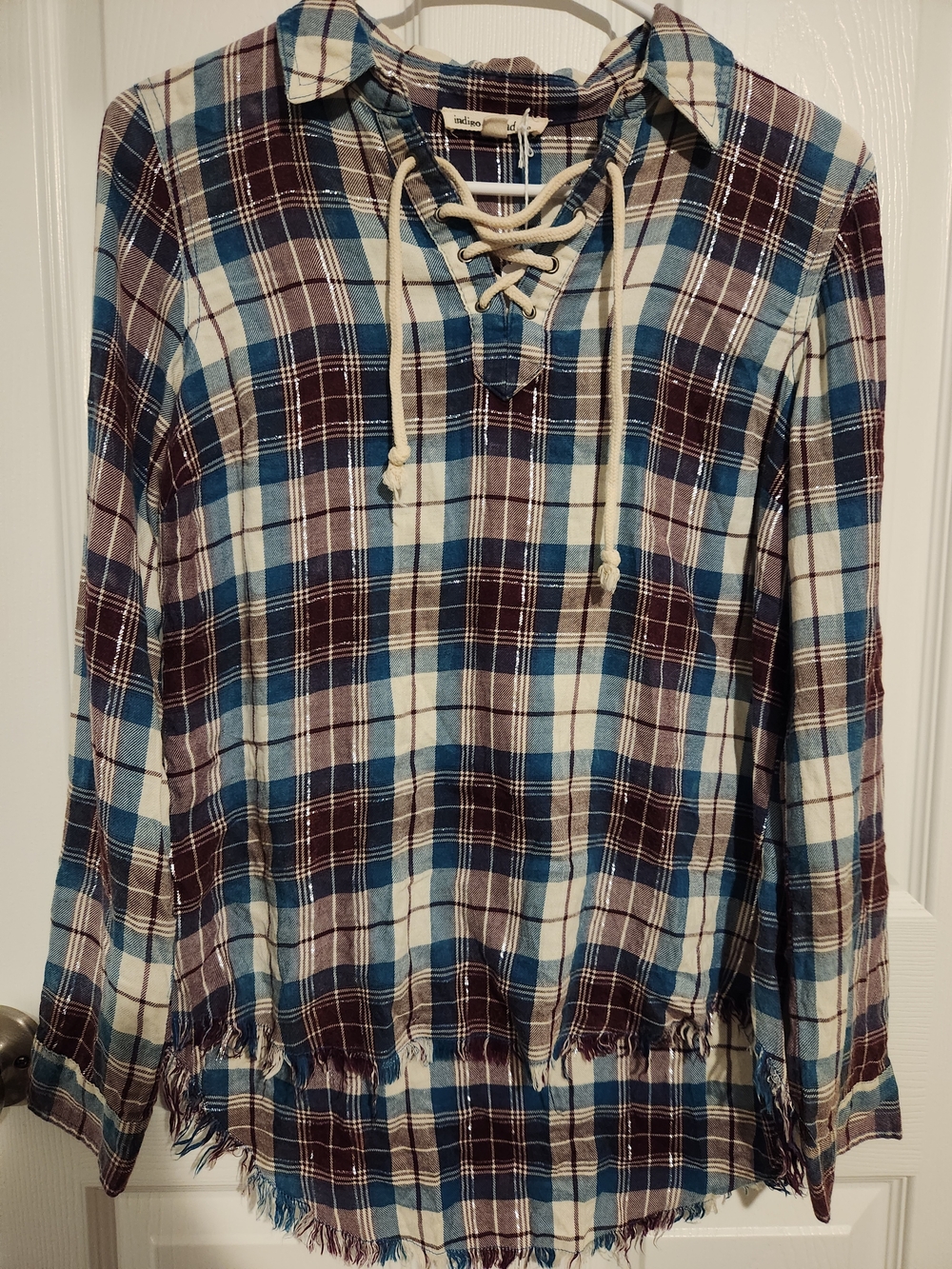 Indigo Plaid Lace-Up Tunic Top - Blue & Brown